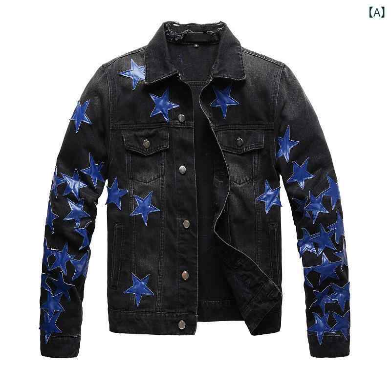 メンズ ジャケット デニム アメリカン ストリート バイカー スタイル パンク スリムフィット 星 パッチ リップド カジュアル アウター 牛仔素材 破れ加工 ストリート ファッション|サポートシェアグローバル