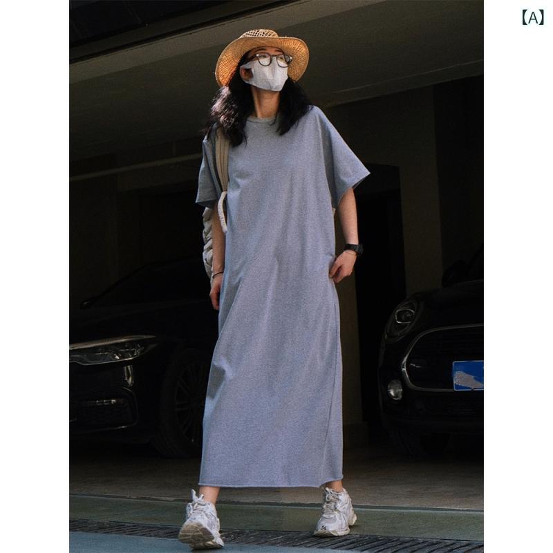 レディース 夏 短袖 プルオーバー衣装 ゆったり か細い 引っ切り無い ロングお召しもの ロールヘム 心地よい 運動競技 韓国 伸び伸びする たわい無い表現スタイル 日常使い走り 好いたらしい 口さかしい