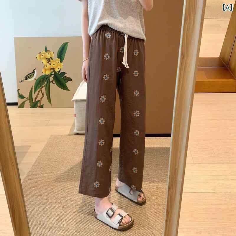 レディース パンツ 花柄 刺繍 9分丈 夏用 ストレート カジュアル 綿麻 再生繊維 軽量 吸湿速乾 普段使い 膝下丈 シンプル デザイン