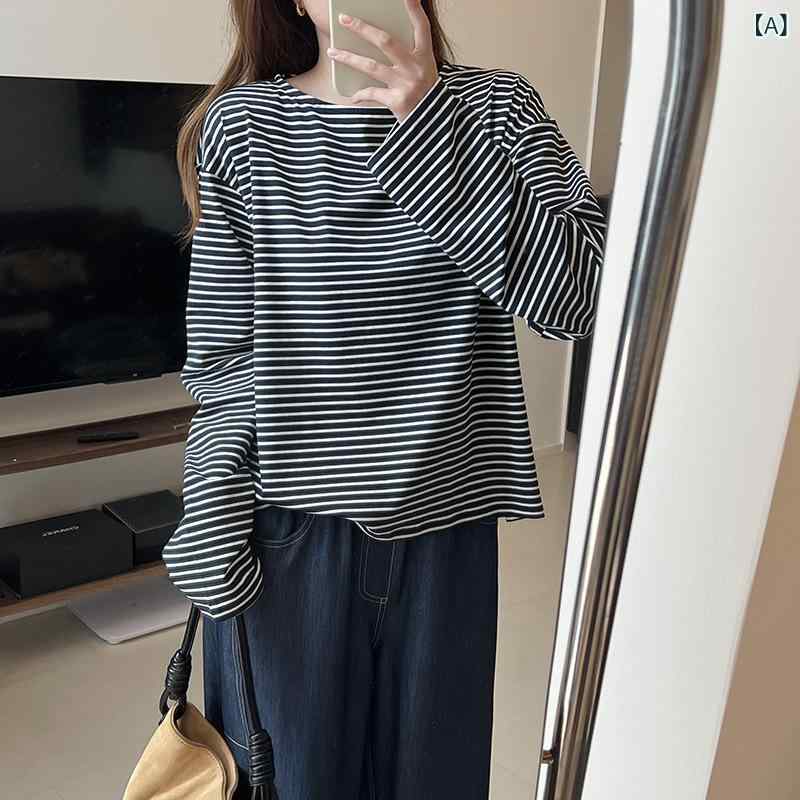 レディース 春夏 長袖 細ストライプ Tシャツ ラウンドネック ゆったり ルーズフィット スタイルアップ ベーシック インナー トップス 普段使い