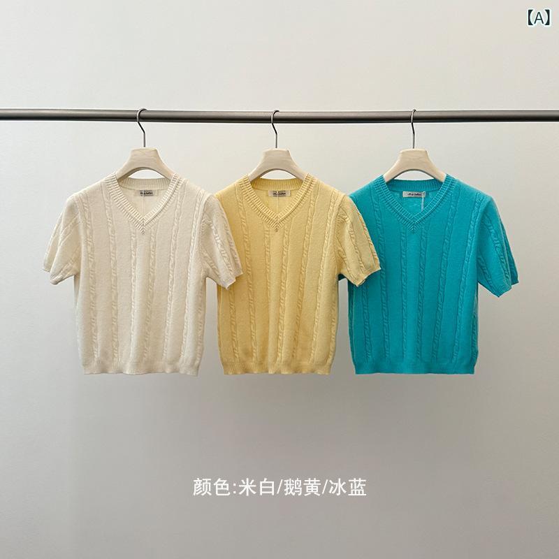 レディース 春 韓国 Vのど首 捩じり 短袖 ニットトップス もの柔らか原料品 愛想のいい影ぼうし ティーシャツ 軽さ 伸縮性 日常使い走り ホンブルグ帽手当たり 春夏 トップス プルオーバー