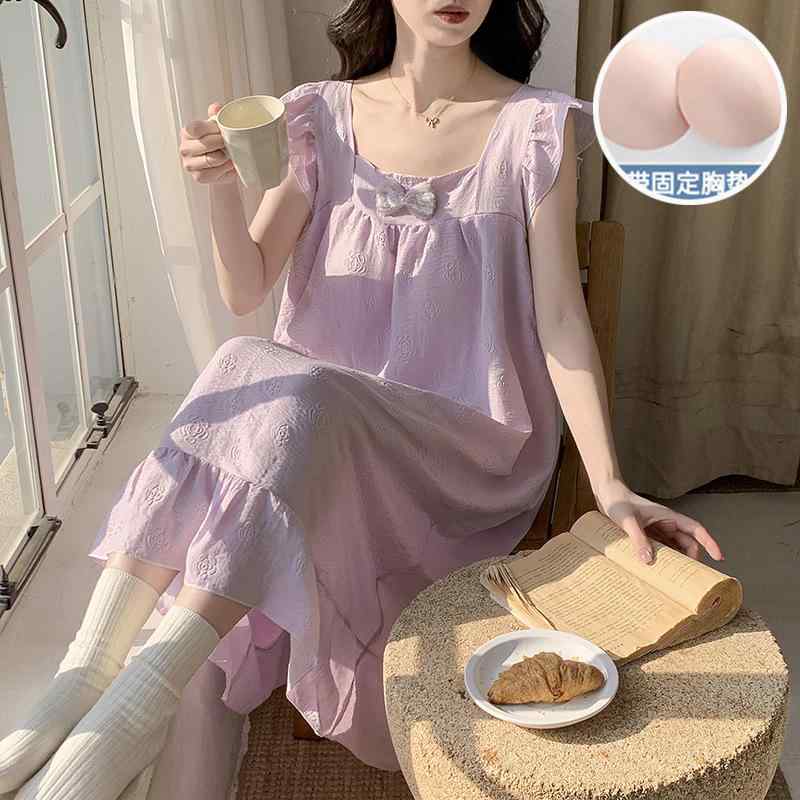 女性用 夏 綿 キャミソール ノースリーブ パジャマ 胸パッド 吊り紐 寝巻きドレス タンクトップ スリーピングウェア 軽量 吸湿速乾
