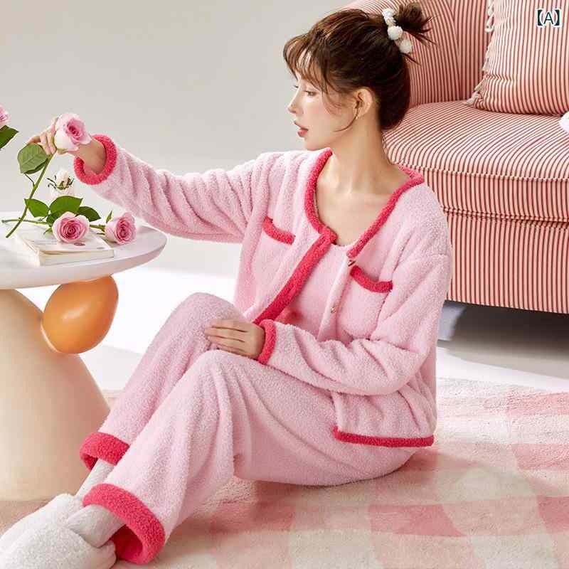 秋冬 レディース パジャマ 長袖 フランネル 厚手 ラウンドネック セット 部屋着 かわいい 韓国 暖か ふわふわ ホームウェア ルームウェア 女性用 甘め スタイル