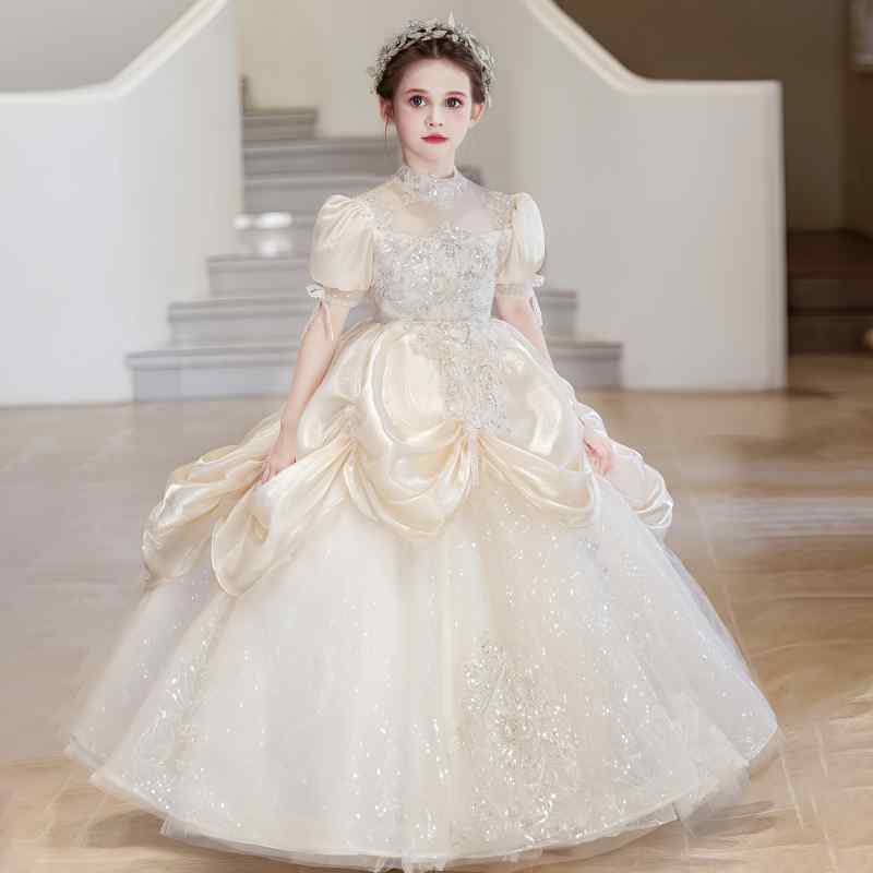 ドレス キッズ 子供用 ワンピース フォーマル 発表会 結婚式 パーティー シャンパン色 プリンセスドレス お姫様風 かわいい 上品 高級感 膝丈 フレアシルエット チュール素材 ふんわり 切り替えデザイン ピアノ演奏会 お呼ばれ 七五三 記念日 撮影用｜サポートシェアグローバル