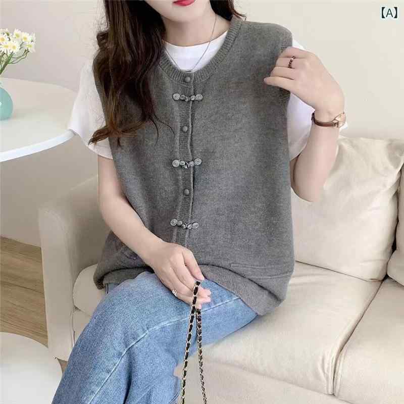 レディース ノースリーブ ニット ベスト ラウンドネック 中国 レイヤリング 対応 ソリッドカラー トップス アウター 女性用 軽量 伸縮性 普段使い 通勤用 部屋着 切り替え 柄 無地 綿混 再生繊維 ビッグシルエット Vネック ブラック