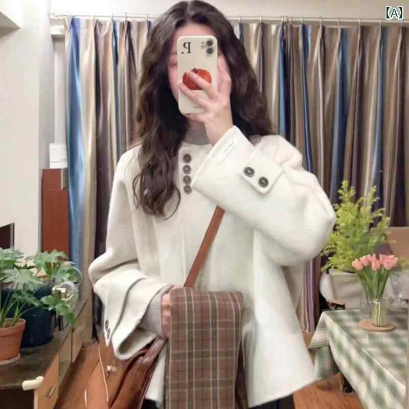 レディース ショートコート 秋冬 ウール 韓国スタイル 高級感 かわいい 小柄女性用 カジュアル アウター 軽量 スタンドカラー ボタン飾り フレンチテイスト