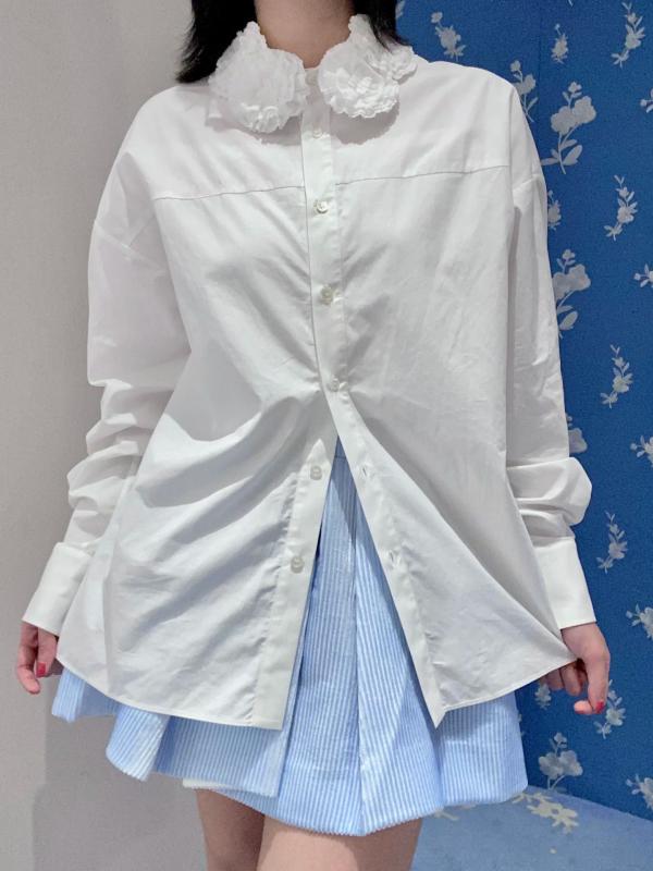 シャツ ゆったり 花柄 取り外し 折り返し襟 カジュアル かわいい ロング丈 トップス ブラウス 普段使い 軽量 伸縮性 綿素材 ビッグシルエット Vネック ピンク系 アイボリー