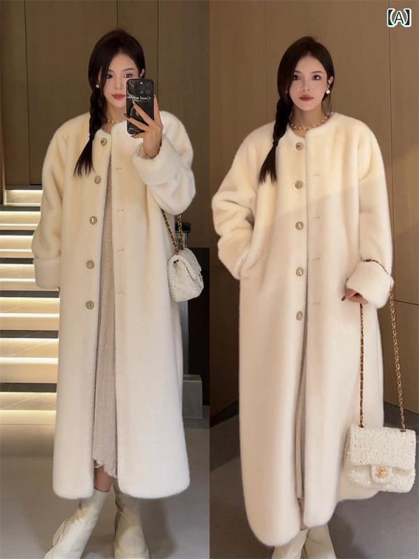 コート 女性用 ロング丈 ラウンドネック 厚手 フェイクファー エコファー 一体型 秋冬 暖か 防寒 合成繊維 スタイリッシュ 普段使い