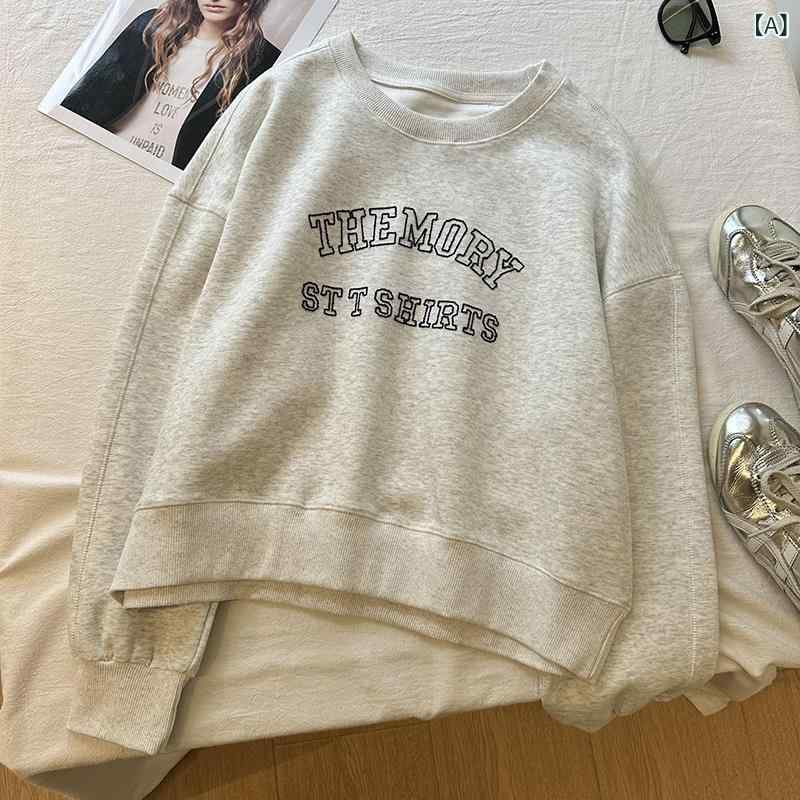 スウェット レディース グレー クルーネック 秋 薄手 ゆったり プルオーバー フードレス カジュアル アルファベット刺繍 小柄 ショート丈 トップス 普段使い コットン混 軽量