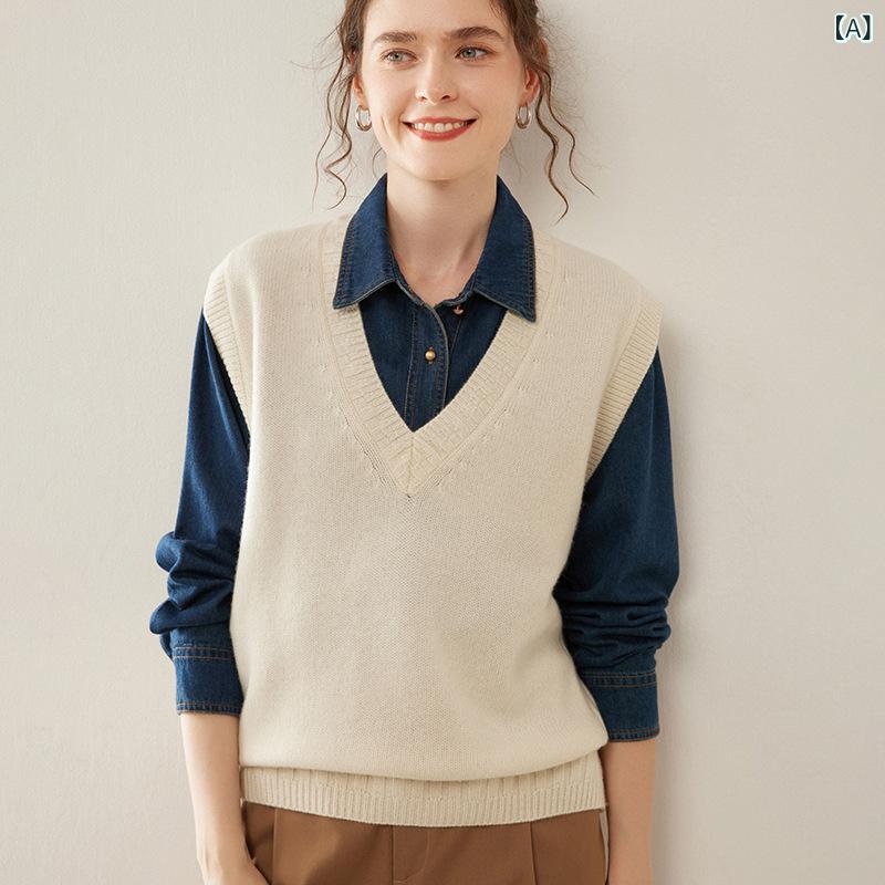 レディース  野羊毛 Vのど首 ノースリーブ 編み物 より良い 秋冬 ゆったり 重ね着 御前上等感 情の籠もった原料品 パステル色の 手当たり 軽さ