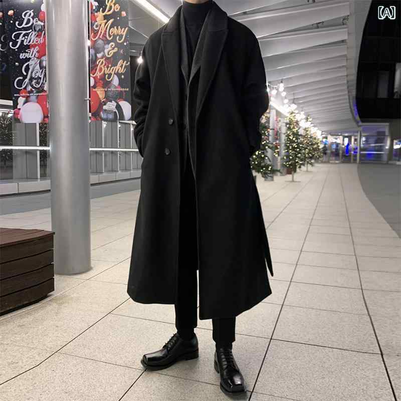 メンズ 秋冬 厚地の外套 膝下丈 羊毛 トレンチコート ゆったり 朦々たる アウター 連合王国 第一義的 表現スタイル 全能 合わせ 分かりやすい 影ぼうし 生あたたかい 原料品