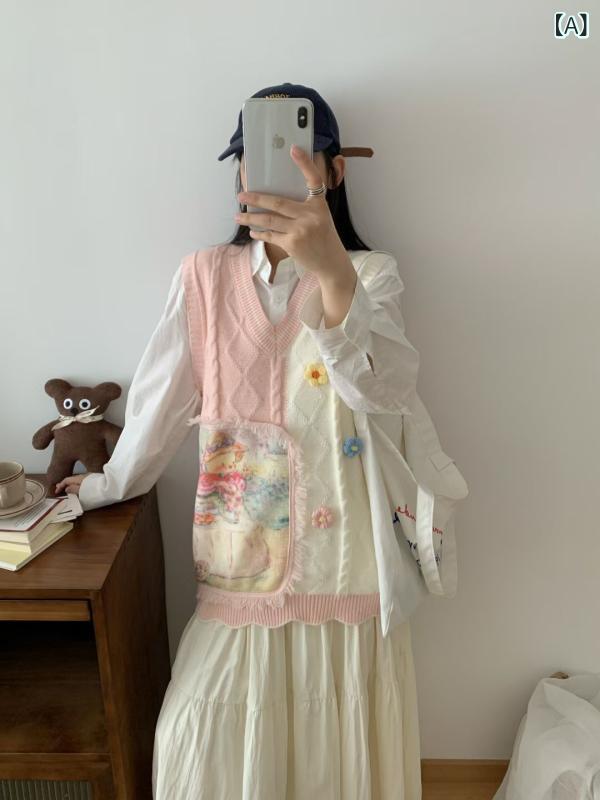 ベスト 女性用 Vネック ニット ノースリーブ ゆったり 春秋 レイヤード トップス アウター 柔らかい 編み込み インナー 普段使い