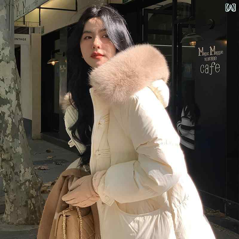レディース ダウンコート ミドルロング 膝下丈 厚手 ゆったり 大型ファー襟 狐毛 カジュアル 普段使い 秋冬 アウター 暖か コーディネート自在