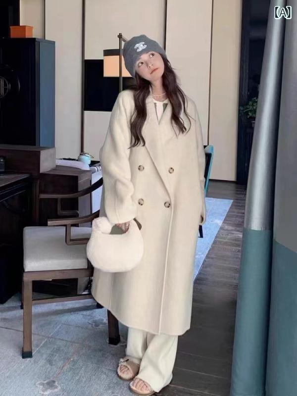 秋冬 ロングコート 両面羊毛 素材 長毛 韓国 ゆったりカジュアル ウール アウター 再生繊維 暖かみ 軽量