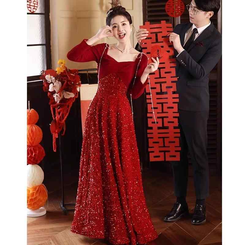 レディース ワンピース 結婚式 敬酒ドレス 新婦 高級感 ベルベット ロング丈 スパンコール 婚約パーティー 回門 出嫁 秋 フォーマル セレモニー｜サポートシェアグローバル