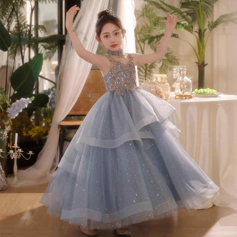 ワンピース 女の子 子供服 キッズ ドレス ピアノ 発表会 結婚式 子供用 誕生日 プリンセス かわいい おしゃれ 高級感 サテン 切り替え スパンコール ロング丈 フレア 演奏会 コンクール 撮影用 ダンス イベント 衣装 ブルー 青色 フォーマル パ｜サポートシェアグローバル