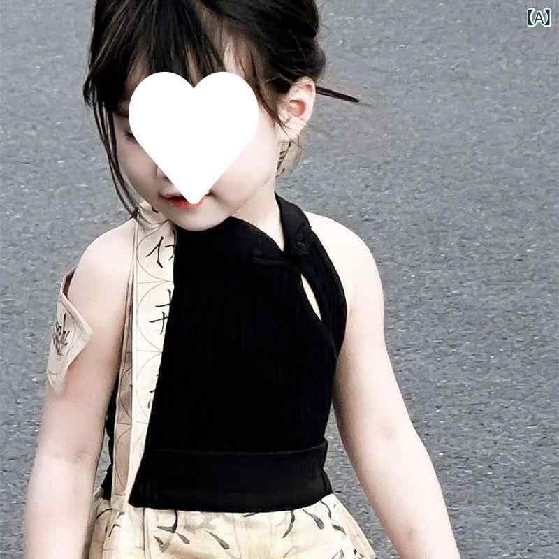 女児 漢服 3点セット チャイナドレス 馬面スカート 水墨柄 ノースリーブ 夏用 接触冷感 吸湿速乾 通気性 軽量 伸縮性 レトロ 伝統 子供服 カジュアルスタイル