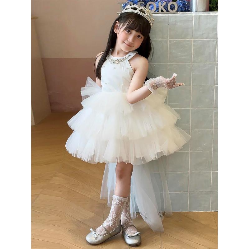 ワンピース キッズ 女の子 子供 ドレス 誕生日 発表会 結婚式 子供服 お祝い事 公主風 ホワイト 白色 ホルターネック パフスリーブ フレアスカート チュールスカート ふんわり 膝丈 膝上丈 かわいい おしゃれ 上品 高級感 お姫様ドレス キッズドレ｜サポートシェアグローバル
