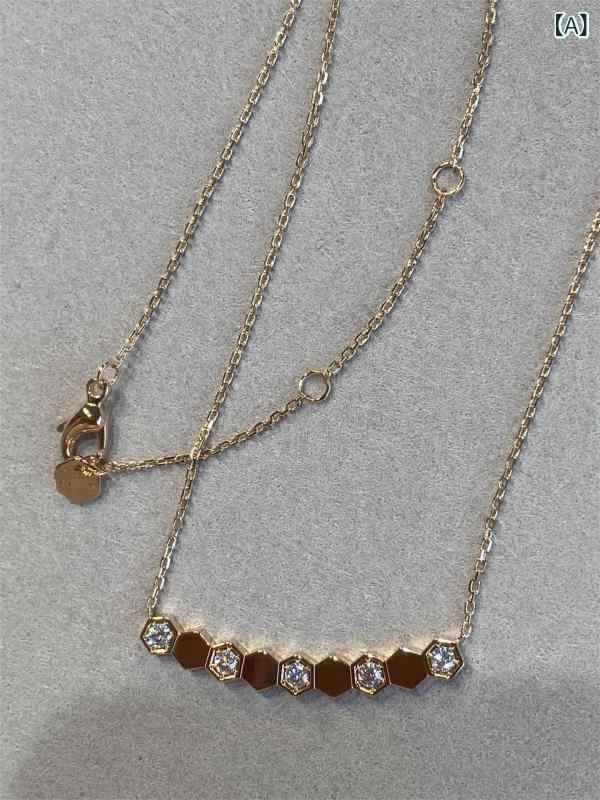ネックレス 18K ローズゴールド 蜂の巣 モチーフ ジルコニア 光沢 両面 鎖骨チェーン 高級感 女性用 ジュエリー アクセサリー 華奢 デザイン 細身 チェーン 日常使い