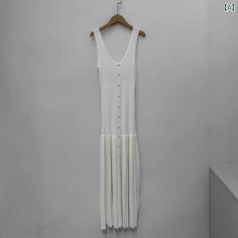 レディース 夏 深Vネック リブ ノースリーブ プリーツ ニット ロングワンピース ドレス スタイリッシュ 上品 フェミニン 軽量 伸縮性 吸湿速乾 ハイウエスト ミディ丈