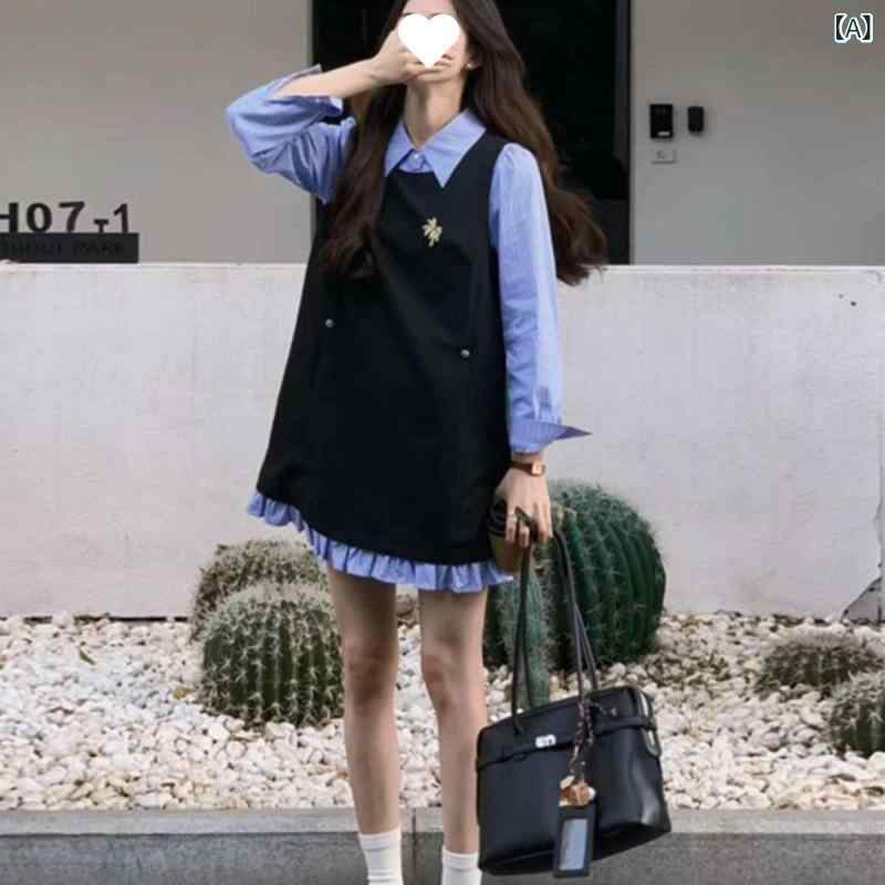 レディース 春 ワンピース ゆったり スリム シャツ 切り替え フェイクツーピース 上品 ファッション 普段使い 軽量 伸縮性