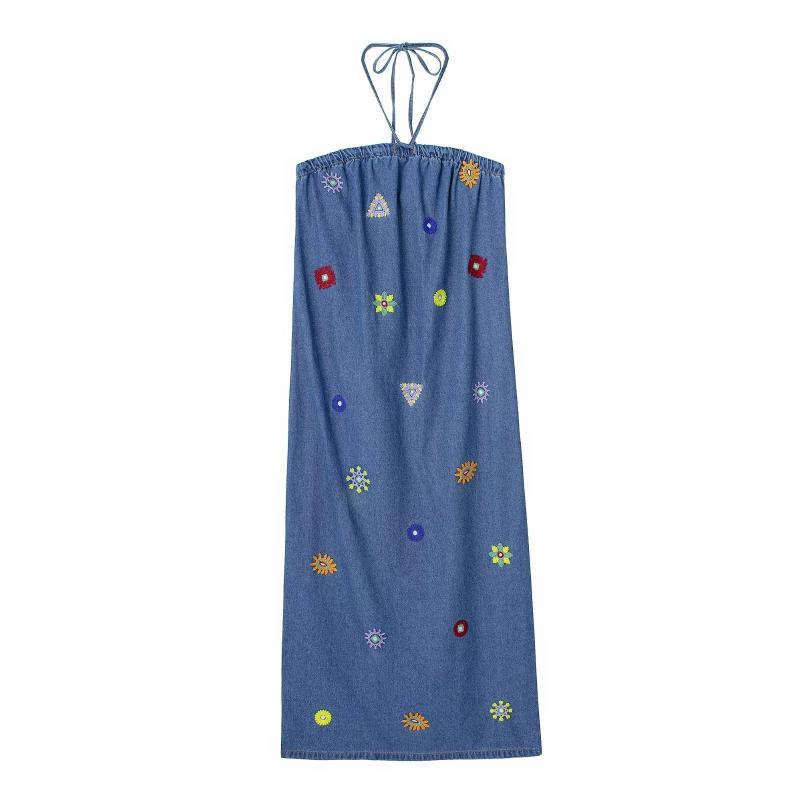 ワンピース レディース 春 刺繍 ストラップ 欧米 フェミニン デザイン 軽量 コットン 混 花柄 モチーフ 膝丈 シルエット