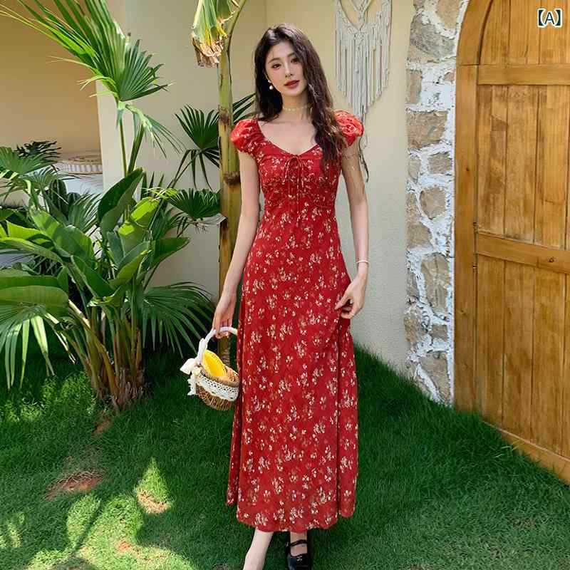 レディース ワンピース 花柄 ロング 赤 フレンチスタイル ビーチ リゾート サマー スリムライン かわいい セクシー 軽やか 綿素材 ゆったり フィット