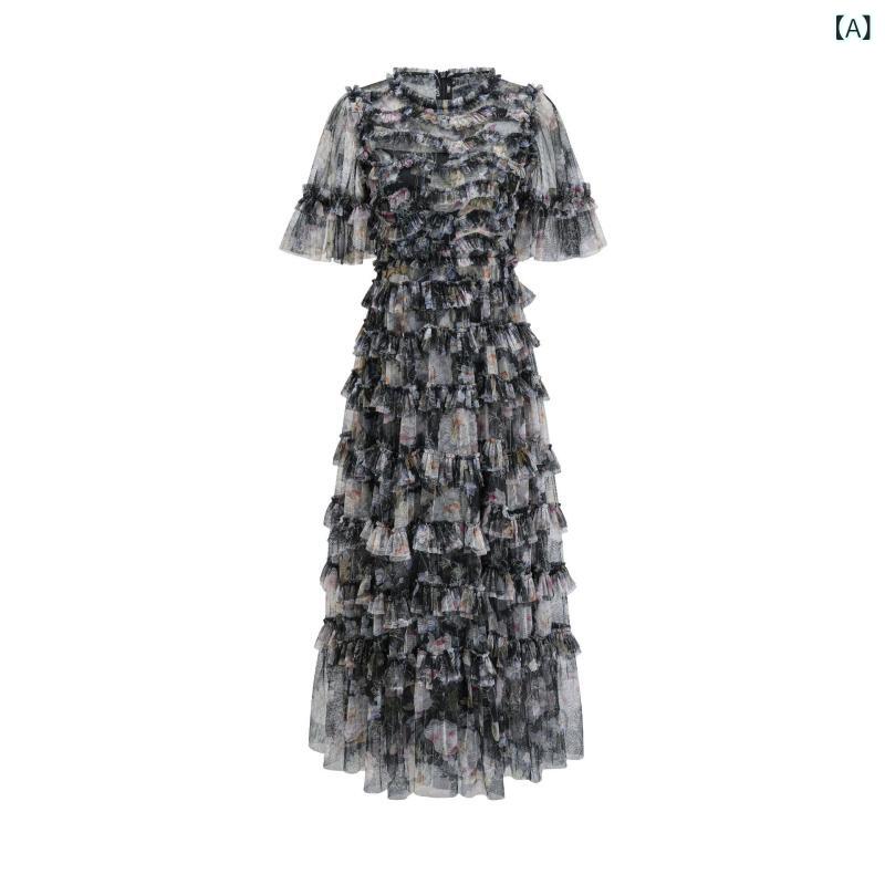 ワンピース レディース 秋冬 レトロ 荷葉辺 切り替え 花柄プリント 短袖 ロング丈 フォーマルドレス エレガント スタイリッシュ ヨーロピアンスタイル|サポートシェアグローバル