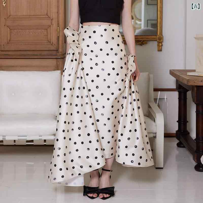 レディース 秋冬 ロングスカート ブラック ポルカドット柄 プリーツ スリムフィット デザイン かわいい スタイリッシュ 女性用 ミディ丈 膝下丈 ボディコン ファッション 普段使い 通勤