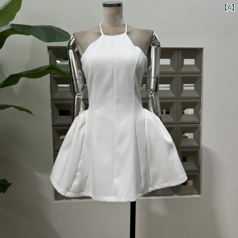 レディース ワンピース スイート ハルターネック 背中開き ウエストシェイプ フレアスカート 小柄対応 スリム効果 夏用 フェミニン かわいい 軽量 通勤 普段使い 綿素材 伸縮性 Vネック ピンク系