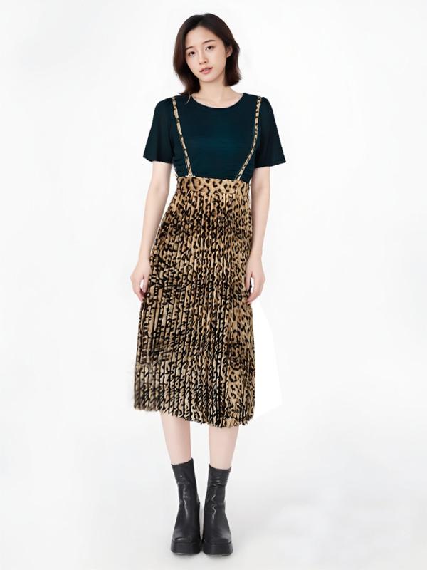スカート レディース 春夏 レトロ ヒョウ柄 ハイウエスト ストラップ 花柄 Aライン プリーツ 中長丈 ウエストシェイプ カジュアル