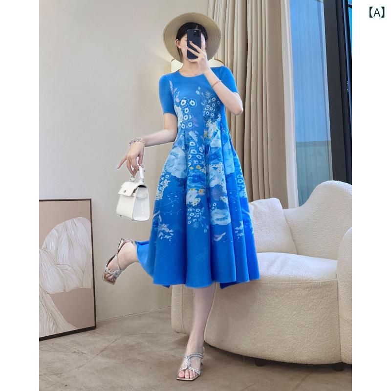 ワンピース レディース 夏用 花柄 Aライン 中長丈 ゆったり 大きめサイズ スリム効果 海辺 リゾート フレンチ カジュアル ビーチウェア 軽やか 接触冷感