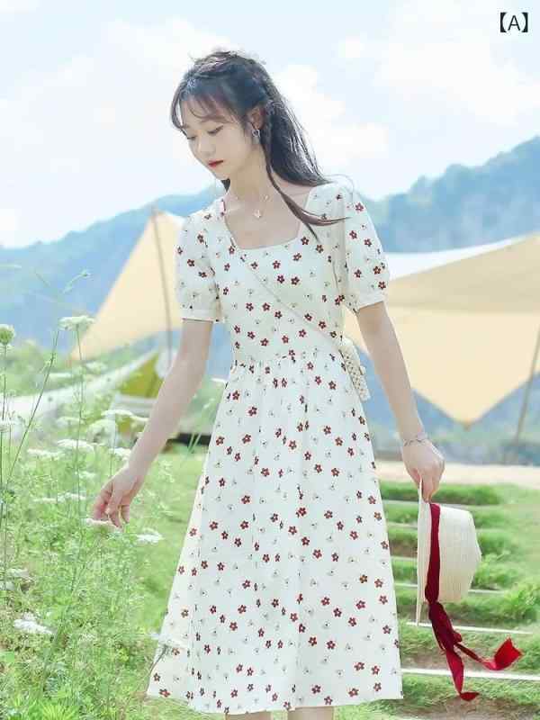 ワンピース レディース 夏 レトロ 小花柄 ミディ丈 スクエアネック パフスリーブ シフォン 通気性 軽量 エレガント フェミニン ユニーク デザイン 洗練 スタイル