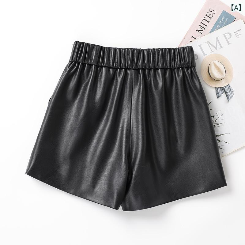 レディース レザー ショートパンツ ビッグサイズ ストレッチ ウエスト カジュアル 普段使い 合成皮革 軽量 春秋 伸縮性 膝上丈 膝丈