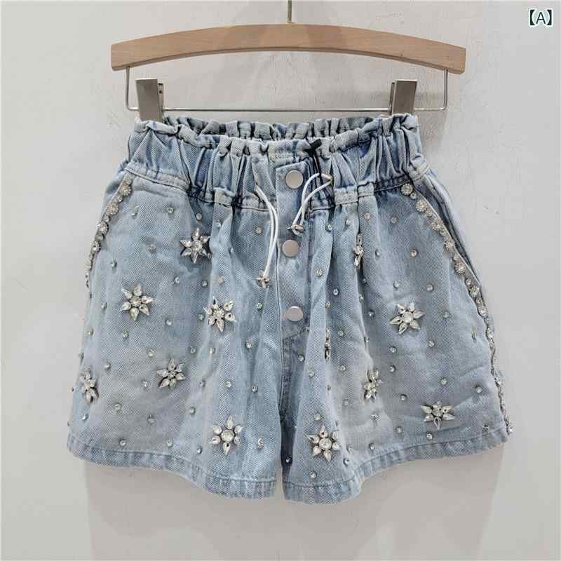 レディース デニム ショートパンツ ハイウエスト ワイドレッグ 夏用 スリム効果 ビーズ 装飾 リベット カラー ストーン デザイン ストレッチ 素材 軽量 快適