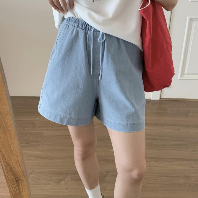 レディース デニム ショートパンツ 夏 ハイウエスト ワイドレッグ ゆったり 細見え Aライン ストレート カジュアル コットン 柔らか素材 伸縮ゴム 普段使い レジャー