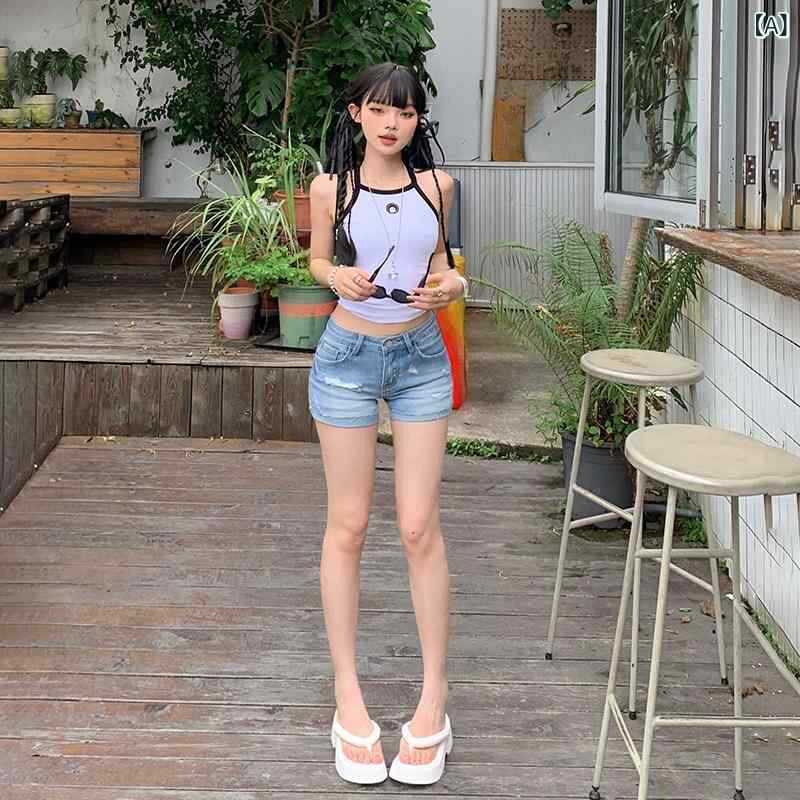 レディース 夏用 デニム ショートパンツ ライトブルー ロールアップ スリムフィット ストレッチ ヒップハグ スリム見せ 万能 合わせやすい レトロ スタイル カジュアル 普段使い 軽量 吸湿速乾