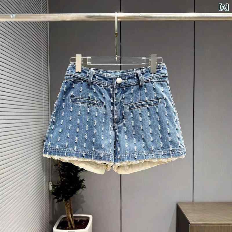 レディース ショートパンツ 夏 ハイウエスト ワイドレッグ デニム ブルー レース 切り替え デザイン スリム コーディネート ボトムス 軽量 伸縮性