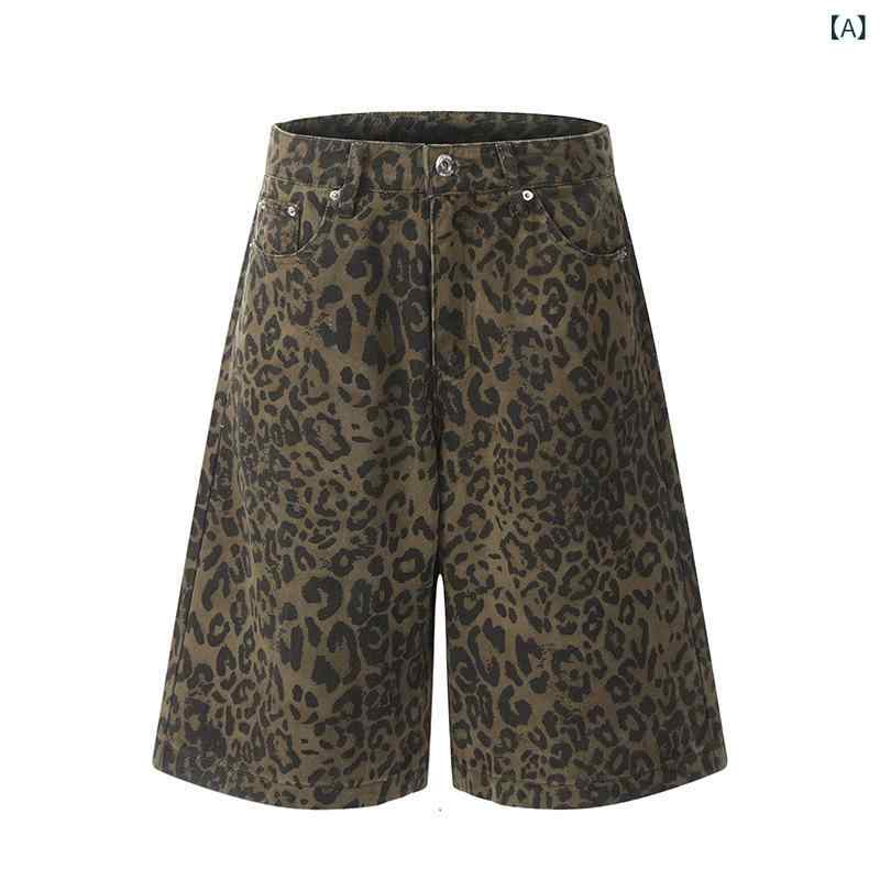 デニムパンツ メンズ レディース 夏 レトロ ヒョウ柄 ワイドレッグ ルーズ 7分丈 アメリカンスタイル ストレート カジュアル 普段使い