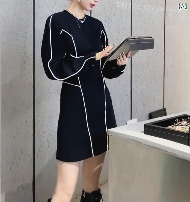 秋冬 レディース ワンピース 高級感 上品 スリム ブラック ドレス フレンチ スタイル カジュアル 伸縮性 素材 軽量 普段使い