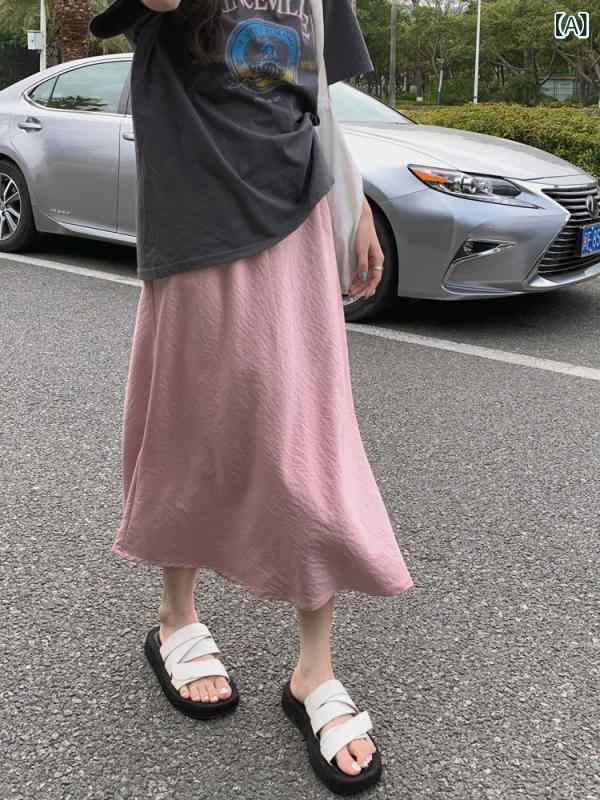 スカート レディース ピンク Aライン ミディ丈 ハイウエスト ドレープ サテン生地 プリーツ 夏用 フェミニン 普段使い 軽やか シルエット