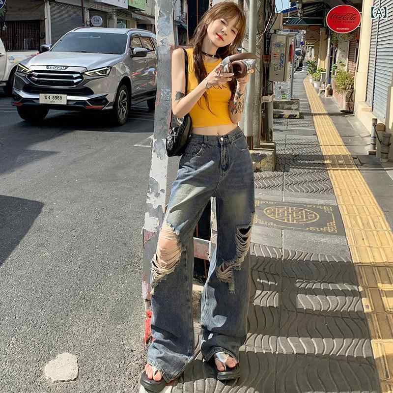 レディース デニムパンツ アメリカン ストリート スタイル ディストレス ルーズ ワイドレッグ ハイウエスト ストレート スリム見え 夏秋 カジュアル 普段使い デニム素材 ゆったり シルエット