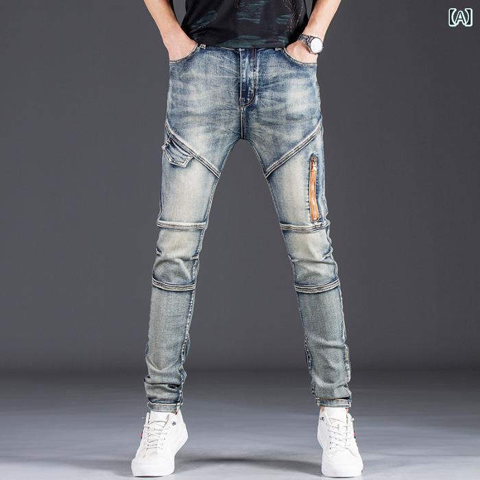 メンズ バイカースタイル デニムパンツ スリムフィット 細身レッグ 個性的 ジッパー加工 レトロ ファッション ロングパンツ カジュアル ストリート 男性用 デニム ストレッチ