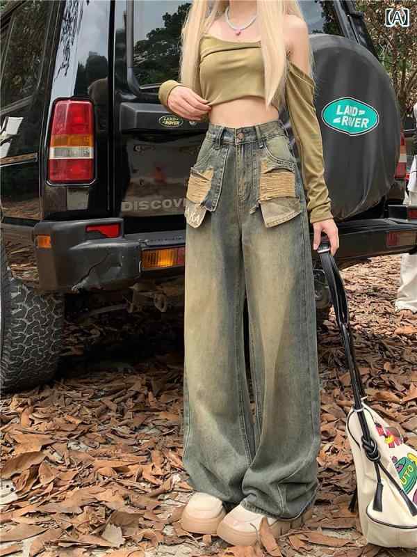 レディース レトロ 破れ デニムパンツ ハイウエスト ワイドレッグ 床引き ロング 秋用 細見え 不規則 デザイン ジーンズ ストレッチ 素材