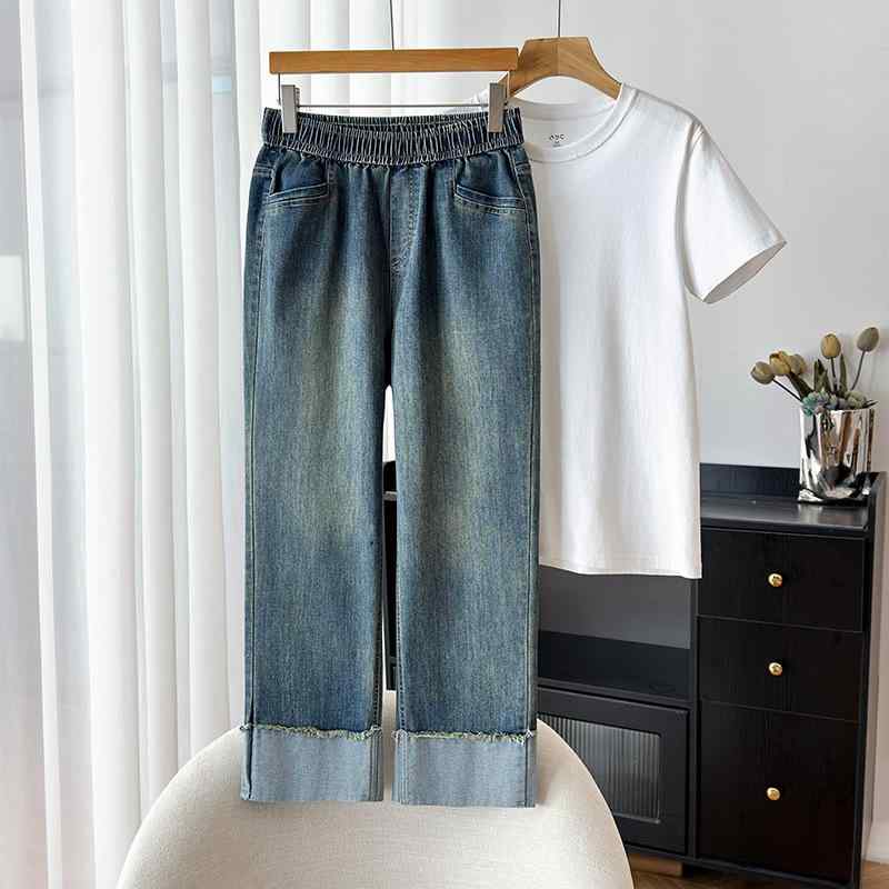 レディース デニムパンツ 高腰 ストレッチ ストレート シルエット 修身 特大サイズ ゆったり フィット 秋用 普段使い コットン混 軽量 柔軟 素材 ハイウエスト デザイン