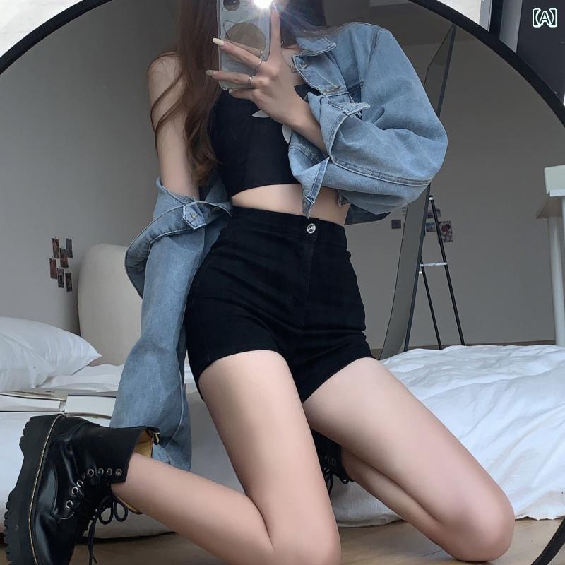 レディース デニム ショートパンツ ブラック ハイウエスト タイトフィット 弾力性 Aライン ホットパンツ 夏用 スリム 伸縮性 軽量 通勤 普段使い