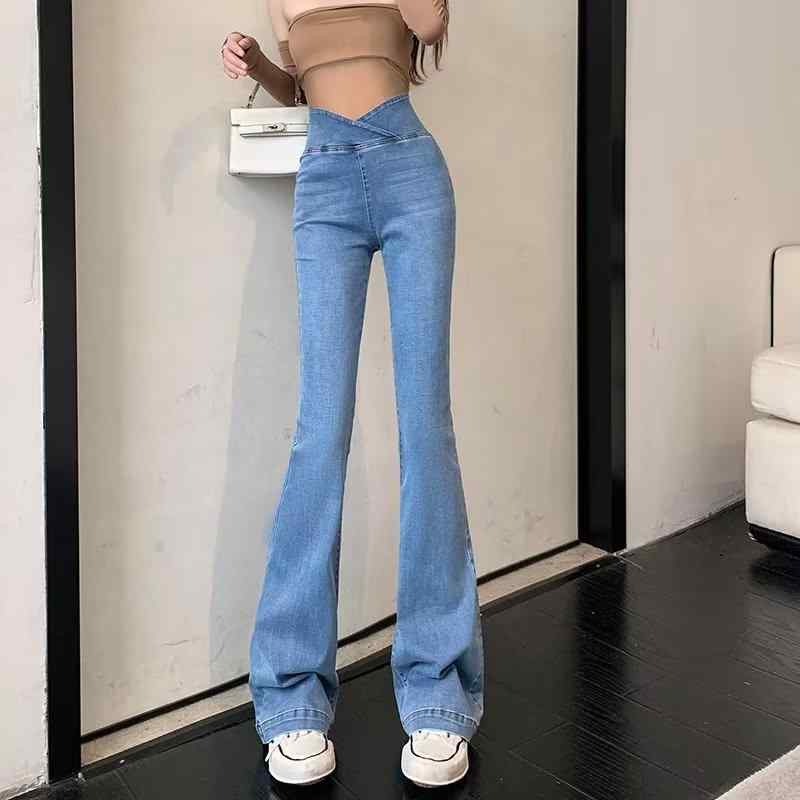 レディース デニムパンツ ハイウエスト ヒップアップ スリム 伸縮性 微ラッパー ロング丈 秋 カジュアル 普段使い デザイン性