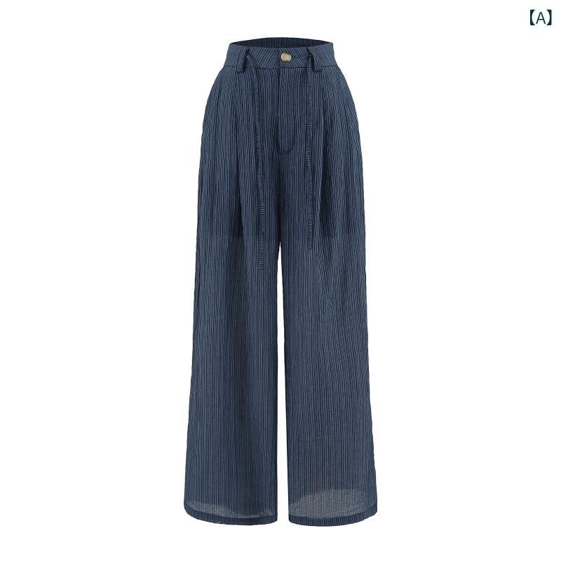 レディース ワイドレッグパンツ ストライプ柄 夏用 薄手 ゆったりシルエット スリム効果 ドレープ感 ストレート カジュアル ロング丈 普段使い 軽量 伸縮性