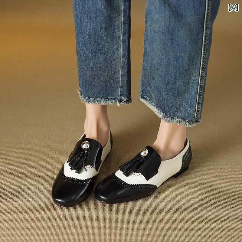 ローファー 女性用 英国 彫花 タッセル 低め ブロックヒール 革 フラットシューズ 快適 普段使い 軽量 伸縮性 9,199円