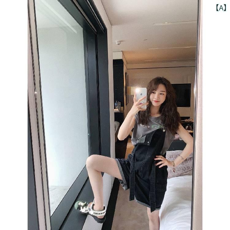 レディース 夏用 デニム ショートパンツ ブラック ゆったり ルーズフィット カジュアル スタイル サスペンダー 付き 韓国 ファッション アイテム 普段使い 休日 コーデ
